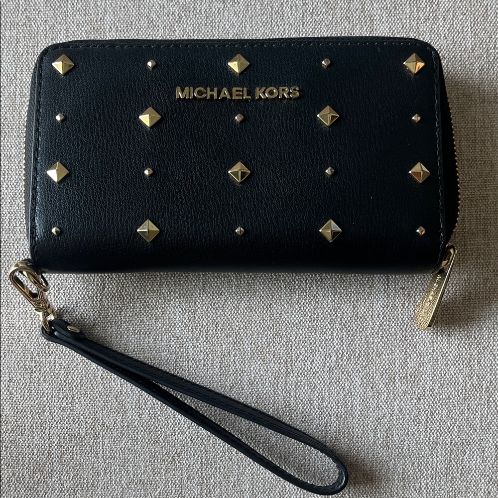 Michael Kors Black Wristlet Clutch with Gold Studs